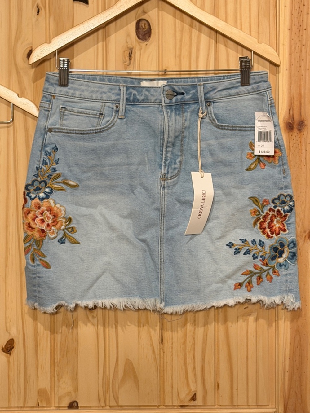 DRIFTWOOD Light Blue Denim Mini Skirt with Multicolor Floral Embroidery - Picture 2 of 6